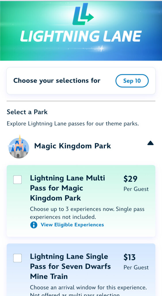 Step 2 - Choose which park and pass type