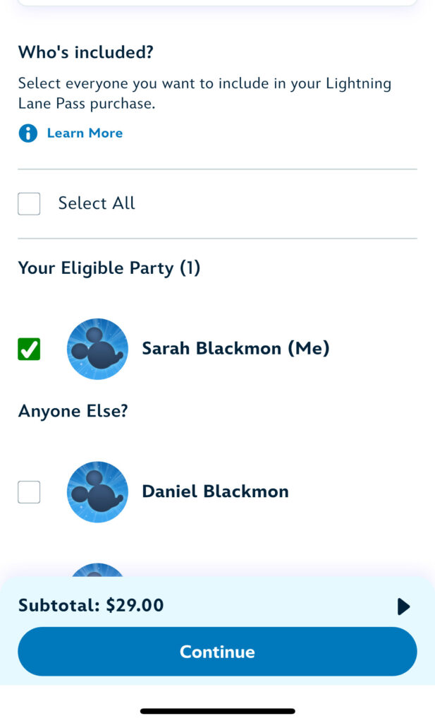Step 3 - Choose who is getting Lightning Lanes